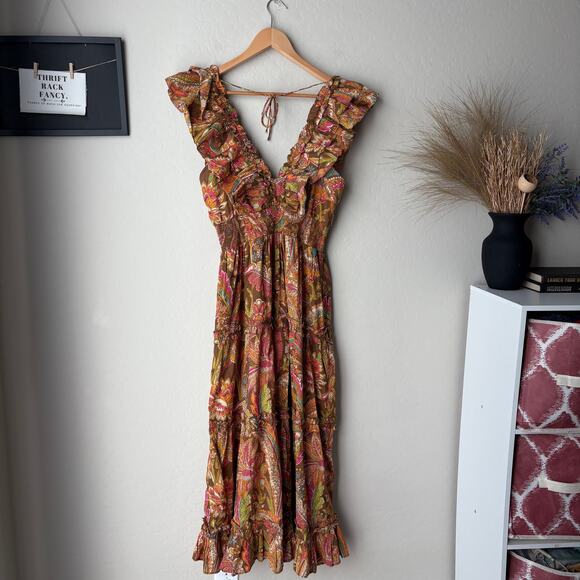 Love The Label Dress Tiered Ruffle Cotton Topanga Maxi Dress Coral Print Size M - Picture 6 of 9